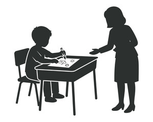Fototapeta premium Teacher and student in classroom scene silhouette vector graphic
