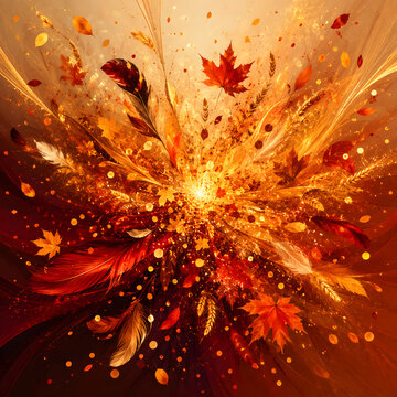 Autumn maple leaves explosion, glowing orange fall foliage background, golden seasonal abstract art with feathers and bokeh