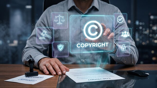 Copyright ownership concept featuring holographic certification badge and digital legal management interface