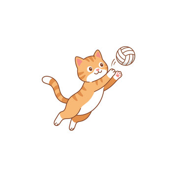 Cute Orange Tabby Cat Playing Volleyball with Ball