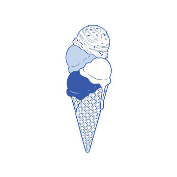 Delicious Ice Cream Cone with Sprinkles Blue Monochrome Lineart