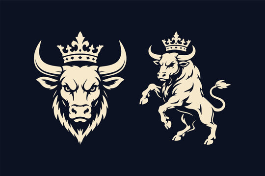 Powerful Bull Mascot with Crown Logo Vector Illustration Set