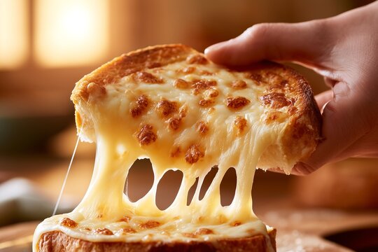 Hand lifting a hot grilled cheese toast with stretchy melted cheese

