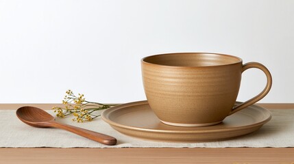 Fototapeta premium Beige ceramic cup on saucer with wooden spoon on table 