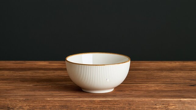 Empty ceramic bowl on wooden table against dark background  