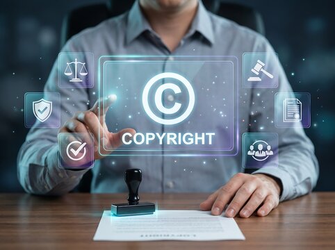 Modern copyright law concept featuring digital certification interface and intellectual property protection technology