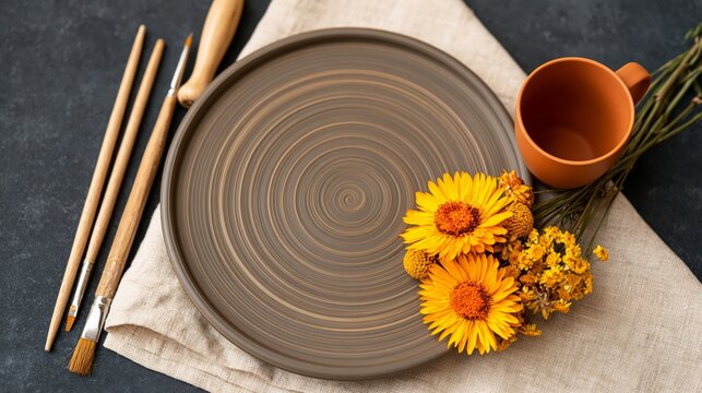 Pottery tools, clay plate and yellow flowers on a dark table  