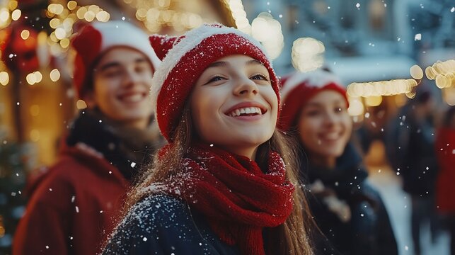 Tr&ecirc;s amigos com gorros de Papai Noel sorrindo e olhando para a neve que cai.