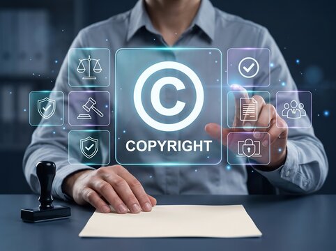Digital copyright protection featuring holographic legal icons and intellectual property certification interface