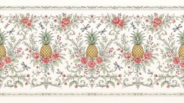 Seamless floral border with pineapples and dragonflies isolated on white background