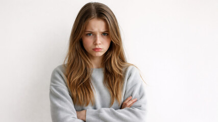 Fototapeta premium Serious young woman with crossed arms looking at camera on light background, portrait expressing anger and frustration.