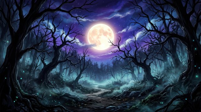 Full moon shining over a dark spooky forest with silhouette trees in a night landscape perfect for horror and halloween themes