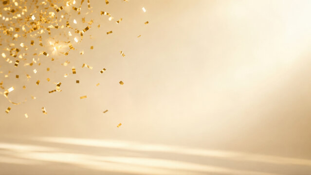 Golden confetti and curled streamers float across a softly lit beige background with generous copy space for elegant festive celebrations.