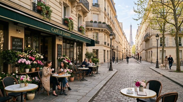paris street scene french cafe outdoor seating cafe le jardin eiffel tower view paris street cobblestone street paris cafe sidewalk cafe paris architecture romantic paris