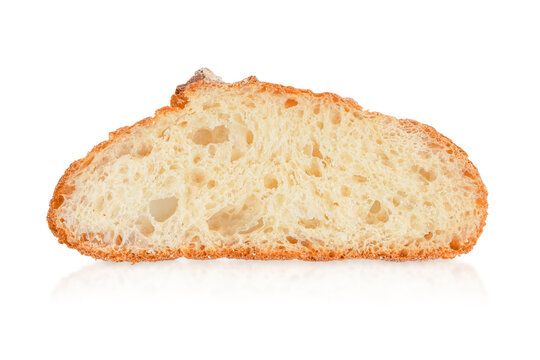 Cross-section of a freshly baked loaf of bread showcasing a light golden crust and soft, airy interior with visible texture and crumb structure on a white background