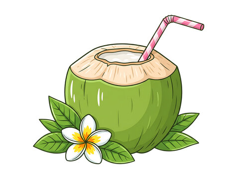 Fresh young green coconut drink with striped straw and white flower