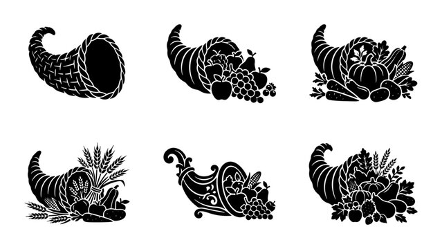 70 Cornucopia Vector Icons Set, Abundance Harvest Symbols, Thanksgiving Autumn Bounty Graphics, Decorative Horn of Plenty Illustrations 100