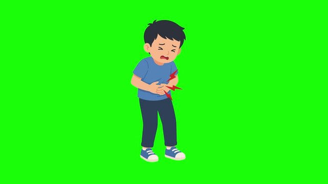 Stomachache animated sick boy holding painful belly with ache spasm 4k green screen
