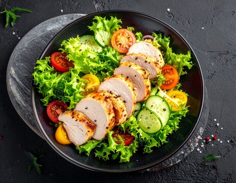 Salat mit zarten H&auml;hnchenbruststreifen auf dem Teller