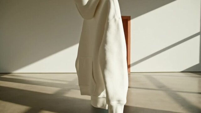 Minimalist white hoodie hanging indoors with long shadows and teal column in bright sunlight for fashion display