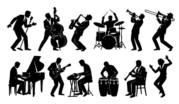 SEO Title:
Dynamic Jazz Musicians Performing Black Silhouette Vector Clipart Collection