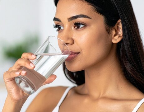 Eine erfrischte Frau trinkt am Morgen ein k&uuml;hles Glas Wasser in der K&uuml;che f&uuml;r optimale Hydratation, einen gesunden Lifestyle und t&auml;gliches Wohlbefinden