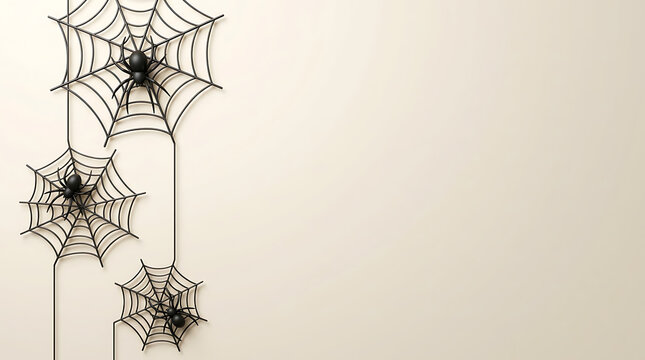 3D Halloween spider web corner border with hanging black spiders on light background