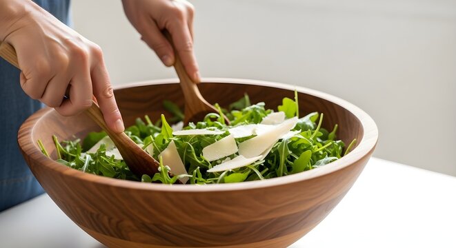 Fresh Green Leafy Salad with Shaved Parmesan Cheese in a Wooden Bowl, Concept for Healthy Eating, Nutrition and Culinary Preparation, Use for Food Blogs, Diet Plans and Restaurant Menus