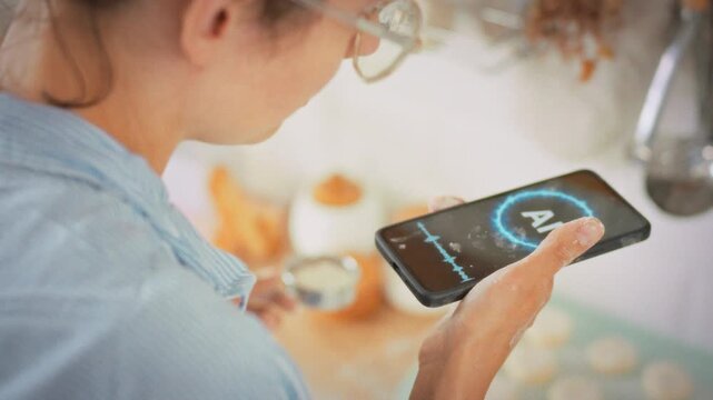 Artificial intelligence advice helps a housewife prepare fluffy cottage cheese fritters in a home kitchen. Concept of learning to cook through voice technology and smart devices