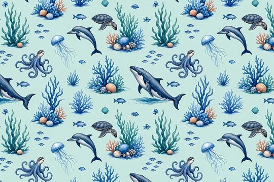 Cute cartoon sea life seamless pattern with whales, dolphins, octopuses, turtles, and colorful coral reefs