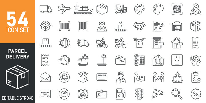 A comprehensive collection of sixty four logistics and delivery service line icons in editable stroke style for professional web design projects