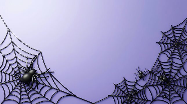 Halloween 3D spider web corner border with black spiders on a purple background