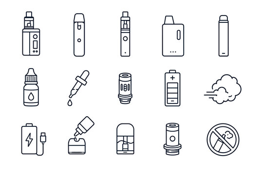 Vaping and E-Cigarette Line Icon Set &ndash; Vape Devices, Pods, E-Liquid, Battery and No Vaping Symbols