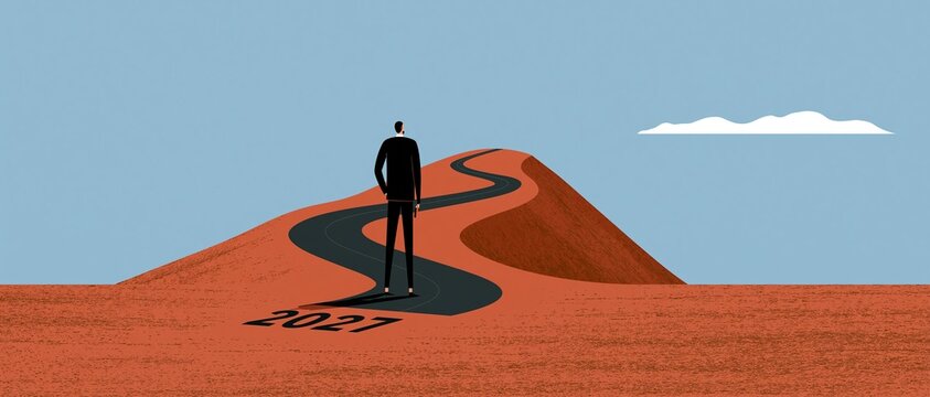 A lone businessman stands at the beginning of a winding road leading over a desert dune towards a distant horizon, with the year 2023 cast as a shadow behind him, symbolizing the journey ahead