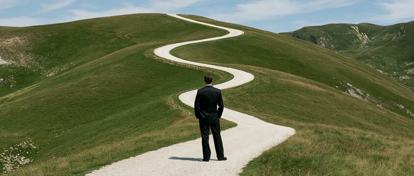 A lone man in a suit stands on a winding path that leads up a grassy hill under a clear sky