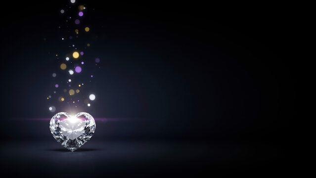 Sparkling heart shaped diamond on black background, luxury gemstone with glowing bokeh lights, elegant jewelry concept for valentines day