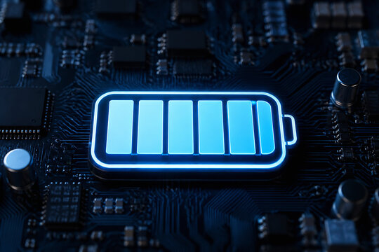 A glowing blue battery icon is displayed on a dark electronic circuit board.