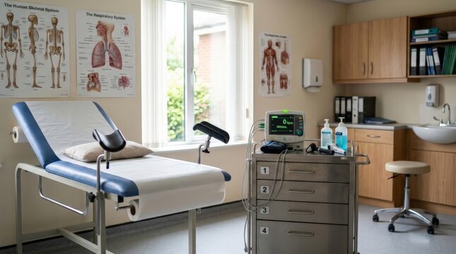 An empty examination room inside a modern medical clinic features an adjustable bed, a metal cart with a monitor and medical equipment, a sink, and educational charts on the wall