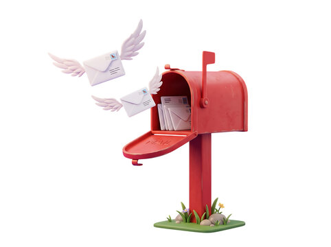 Red mailbox with open door and magical flying letters with wings delivering mail