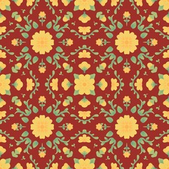 Seamless pattern with folk art floral and leaf motifs in yellow and green on red. © Sinarom