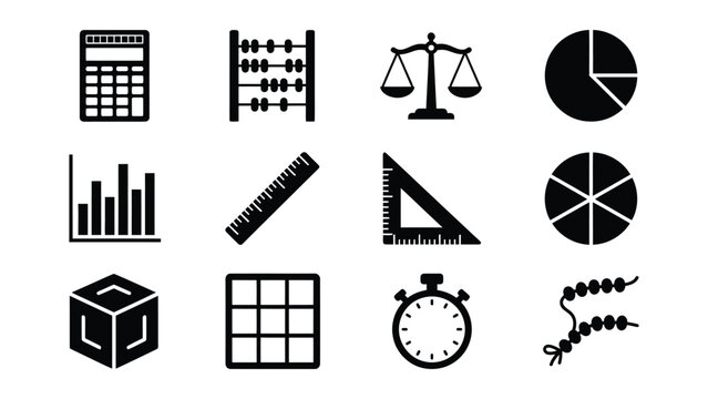 Set of black and white icons representing mathematics and data analysis tools