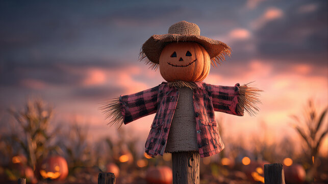 Scarecrow autumn harvest field at sunset