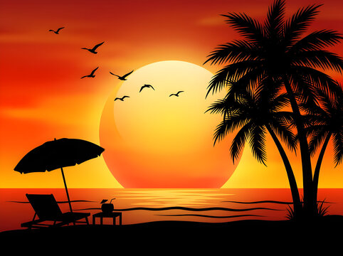 Tropical beach sunset landscape with palm trees silhouette and flying birds