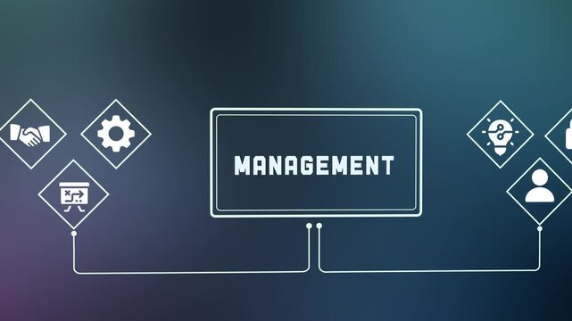Business management and operational leadership concept with workflow, teamwork and strategy icons.