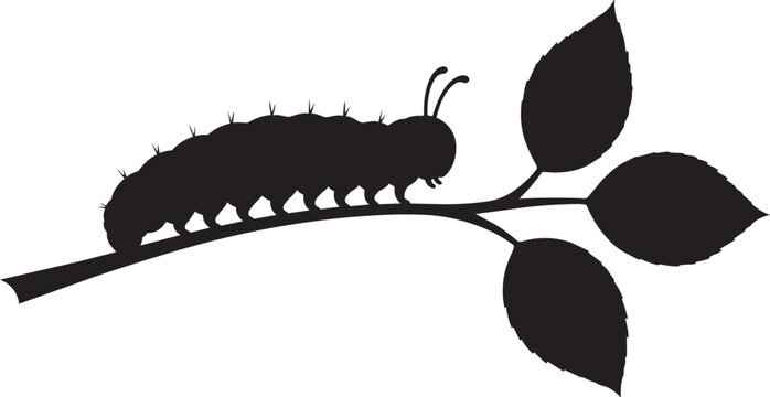 caterpillar silhouette crawling on leafy branch botanical vector illustration