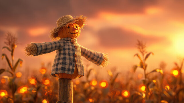 Scarecrow in a cornfield at sunset