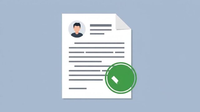 Animation showing the document processing and approval stages for an application on a blue background with video animated sequence document being updated gear chart before being successfully approved