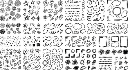 Fototapeta premium Hand drawn doodle elements set, collection of scribbles, arrows, flowers, shapes, frames, and abstract sketches