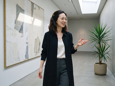 Generative AI, Asian curator explaining artwork in a modern art gallery