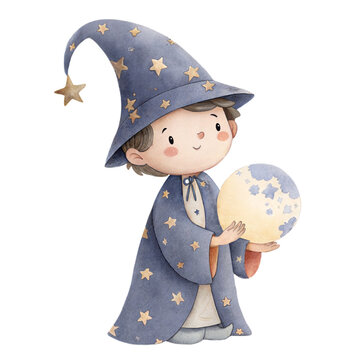 Cute watercolor illustration of a friendly wizard boy character with a magic orb isolated